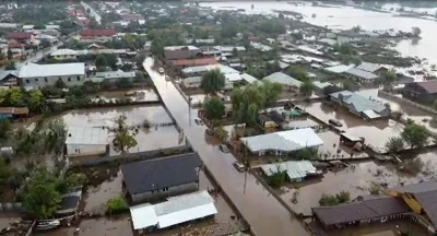 This grab taken from an aerial video on September 14, 2024 and handed out by the Romanian Inspectorate for Emergency Situations shows houses in a flooded landscape in Pechea, Galati county, Romania. AFP PHOTO /  ROMANIAN INSPECTORATE FOR EMERGENCY SITUATIONS