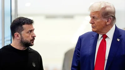 Former President Donald Trump meets with Ukraine's President Volodymyr Zelenskyy at Trump Tower in New York.