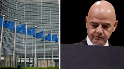 The EU Commission building in Brussels, left, and FIFA's president Gianni Infantino, right
