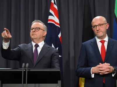 Australian prime minister Anthony Albanese, left, and Australian Security Intelligence Organization (ASIO) director-general Mike Burgess speak about the country’s terrorism threat alert level during a news conference at Parliament House in Canberra, Australia, Monday, 5 August 2024