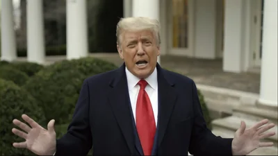 FILE - President Donald Trump recording a video statement on the afternoon of Jan. 6, 2021, from the Rose Garden, displayed at a hearing by the House select committee investigating the Jan. 6 attack on the U.S. Capitol.