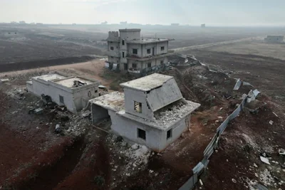 An aerial view shows a damaged house in the Syrian village of Talhiyah, located east of the northwestern Syrian city of Idlib near the Taftanaz military airport, after it was taken over by jihadists and their Turkish-backed allies in the latest battles with government forces in the northern Syrian Aleppo province. Photograph: Omar Haj Kadour/AFP/Getty Images