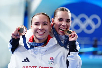 Great Britain’s Yasmin Harper and Scarlett Mew Jensen with their bronze medals (PA)