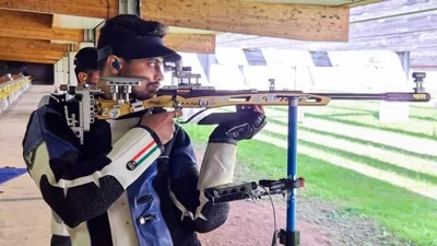 Swapnil Kusale in action during the qualification round of Men's 50m Rifle 3P event at the Olympic Games Paris 2024, on Wednesday.(ANI Pic Service)