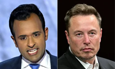 TWO HEADS BETTER? Vivek Ramaswamy (left) speaks during the second day of the 2024 Republican National Convention at the Fiserv Forum in Milwaukee, Wisconsin, on July 16, 2024; and Elon Musk looks on during his visit at the Vivatech technology startups and innovation fair at the Porte de Versailles exhibition center in France’s capital Paris on June 16, 2023. AFP COMBO PHOTO