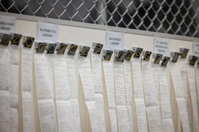 Voting results displayed on receipts at the Fulton County election hub in Union City, Georgia on November 5th, 2024. Photograph: Audra Melton/The New York Times