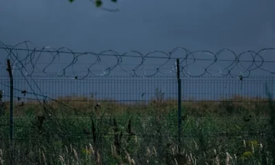 field seen behind wire fence with looped barbed wire on top