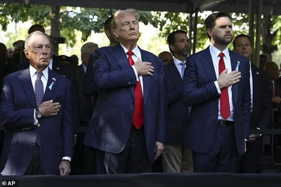 Michael Bloomberg, Donald Trump and  JD Vance attend the 9/11 memorial