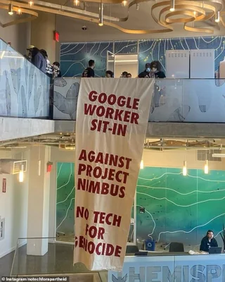 In the New York office, workers displayed a banner reading, 'No tech for genocide'