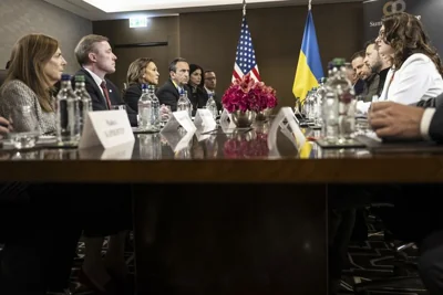 United States security advisor Jake Sullivan, U.S. Vice President Kamala Harris, talk during a bilateral meeting with President Volodymyr Zelenskyy in Switzerland.