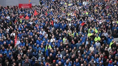 German car workers at a rally on Monday 