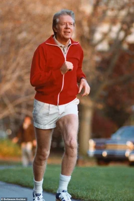 Jimmy Carter is pictured jogging around the South Lawn of the White House in 1978. The former president has been an avid jogger for decades. When he turned 80 and needed to give his knees a break, he switched to cycling