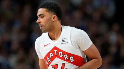 Toronto Raptors center Jontay Porter (34) in the first half of an NBA basketball game Monday, March 11, 2024, in Denver.