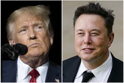 This combination of photos shows former President Donald Trump during rally in Minden, Nev., Oct. 8, 2022, left, and Elon Musk in Wilmington, Del., July 12, 2021.