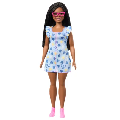 The Black Down syndrome doll (pictured here) wears a blue and yellow dress. The three arrows in the hearts on the dress represent the third 21st chromosome that people with Down syndrome have