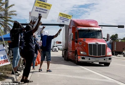 The strike began Tuesday over pay disputes and the automation of gates, cranes and container-moving trucks at 36 ports from Texas to Maine