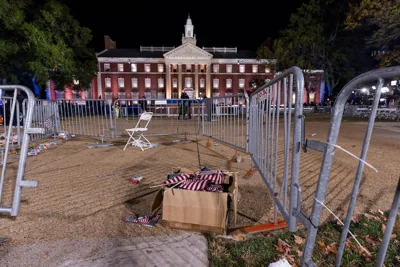 The set and podium for vice-president Kamala Harris's election night watch party after she declined to speak and crowds dispersed at Howard University on Wednesday night. Photograph: Jim Lo Scalzo/EPA