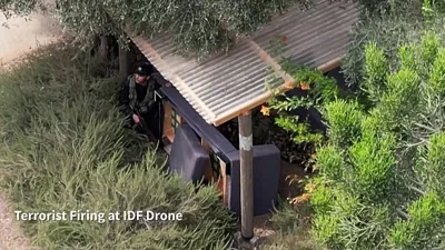 It comes as the IDF released never-before-seen footage of the attacks, showing Israeli soldiers fighting Hamas terrorists in Kibbutz Re'im on the morning of October 7. One clip shows a Hamas terrorist firing at an IDF drone filming from above