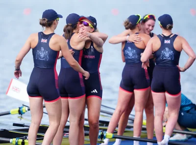 Great Britain’s women’s eight celebrate winning bronze (Peter Byrne/PA)
