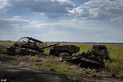 Destroyed Russian tanks lie on the roadside near Sudzha, Kursk region in Russia on August 16, 2024