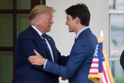 US president Donald Trump greets Canadian prime minister Justin Trudeau upon his arrival at the White House in June 2019. Photograph: Alex Brandon/AP