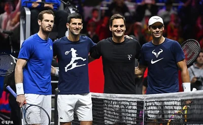 Four greats of the game are seeen here in September 2022 - left to right: Andy Murray, Novak Djokovic, Roger Federer and Rafael Nadal