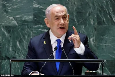 Netanyahu, pictured at the UN headquarters in New York on Friday, said tonight that Nasrallah he was the main engine of Iran's axis of evil