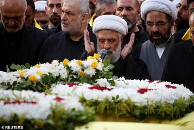 Lebanon's Hezbollah deputy leader Sheikh Naim Qassem leads funeral prayers during the funeral of Hezbollah senior leader Ibrahim Aqil and Hezbollah member Mahmoud Hamad, who were killed in an Israeli strike on Beirut's southern suburbs, in Beirut, Lebanon, September 22, 2024