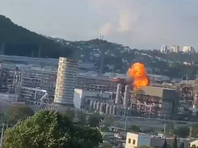 A view of an explosion caused by a Ukrainian drone attack on Rosneft's Tuapse oil refinery