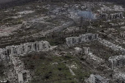 An aerial view of Chasiv Yar shows the frontline city in ruins after heavy fighting between Russian and Ukrainian forces for over a year, Donetsk Region