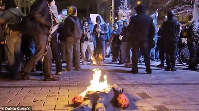 Anti-Israel protesters in Montreal are seen setting an effigy of Benjamin Netanyahu on fire