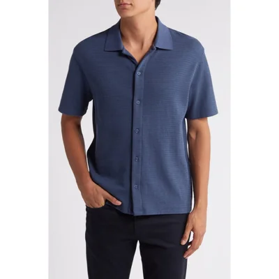 Textured Double Knit Short Sleeve Button-Up Shirt