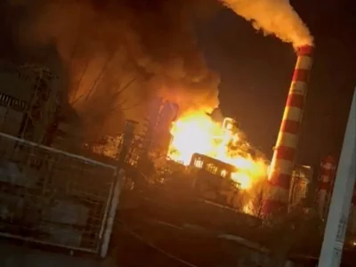 Smoke and flames rise after a fire broke out at a large oil refinery in Tuapse, Russia