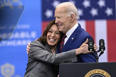 Vice President Kamala Harris embraces President Joe Biden after a speech on healthcare in Raleigh, North Carolina, March. 26, 2024. AP PHOTO