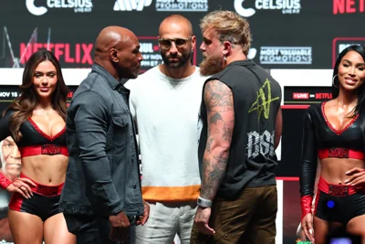 Mike Tyson and Jake Paul face off at a press conference in Irving, Texas