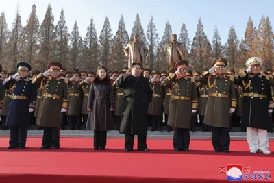 Kim Jong Un, salutes as he visitsthe defence ministry for events to celebrate the 76th founding anniversary of the country's army in North Korea, 8 February 2024