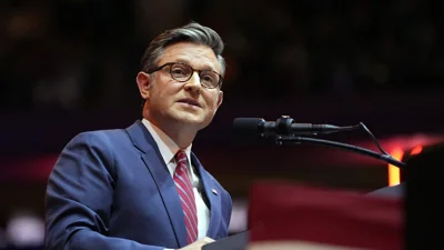 House Speaker Mike Johnson speaks before Republican presidential nominee former President Donald Trump at a campaign rally at Madison Square Garden, Sunday, Oct. 27, 2024, in New York. 