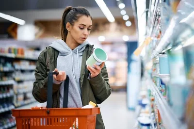 Woman reading nutrition label while buying diary product in supermarket.