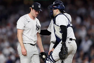 Gerrit Cole receives a mound visit 