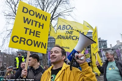 Graham Smith, chief executive of Republic, is pictured at an anti-monarchy protest opposite Westminster Abbey on March 11