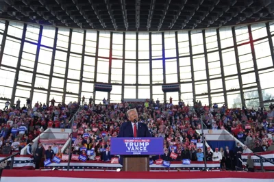 Republican presidential nominee former President Donald Trump speaks during a campaign rally at J.S. Dorton Arena, Monday, Nov. 4, 2024, in Raleigh, N.C. (AP Photo/Evan Vucci)