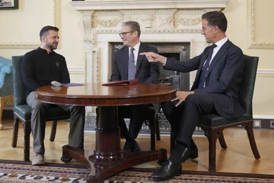 British Prime Minister Keir Starmer, NATO Secretary-General Mark Rutte and Ukrainian President Volodymyr Zelenskyy in London, Thursday, Oct. 10, 2024.