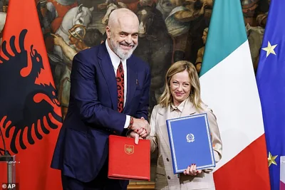 Georgia Meloni with Albania's prime minister Edi Rama. A radical new scheme which will see thousands of illegal migrants arriving in Italy sent to Albania to have their asylum applications processed