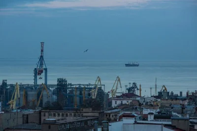 Buildings in the city of Odesa with the Black Sea in the background.