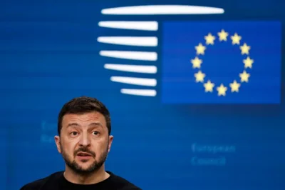 Ukraine's President Volodymyr Zelenskyy talks to journalists during a press conference at an EU summit in Brussels [AP Photo/Omar Havana]