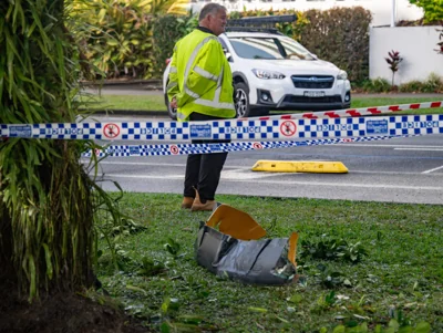 Debris from a helicopter is seen after it crashed into the roof of the Double Tree by Hilton Hotel in Cairns, Australia 12 August 2024