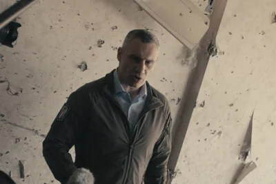 Vitali Klitschko at the scene of a Russian airstrike, in ‘Klitschko: More Than a Fight’