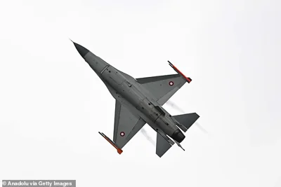 A Royal Danish Air Force F-16 aircraft performs a demonstration flight during the fifth day of Farnborough International Airshow at Farnborough International Exhibition & Conference Centre in Farnborough, United Kingdom on July 26, 2024