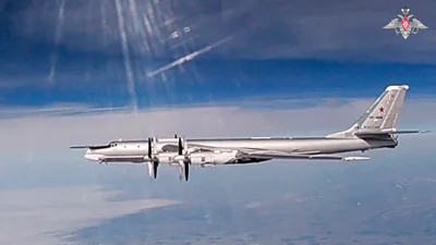 A Tu-95 strategic bomber of the Russian air force is seen during a joint Russia-China air patrol