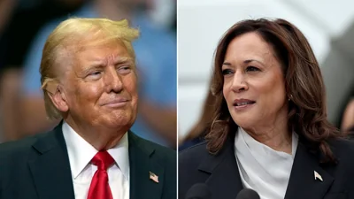A split photo of former President Donald Trump looking off to the right (left) and Vice President Kamala Harris looking off to the left (right).